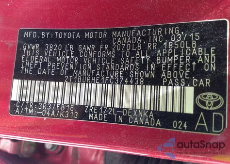 2015 Toyota Corolla Le from USA, damaged, VIN 2T1BURHE1FC374438